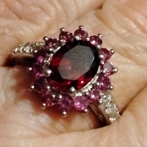 Tanzanian Wine Garnet and White Zircon Sunburst Ring in Platinum O/SS